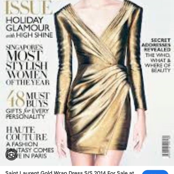 YSL, Saint Laurent 2014 Runway Gold Lamé Long Sleeves Mini Dress - Picture 7 of 7